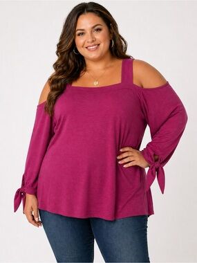 Catherines 3X Cold Shoulder Blouse Pink Fuchsia Long Sleeve Tie Sleeve Plus Size